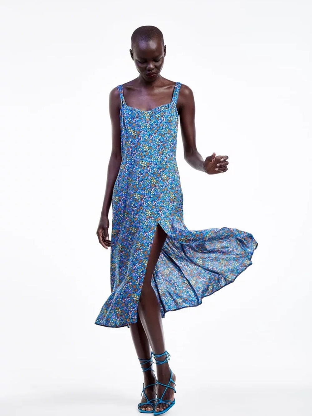 Zara Blue Floral Midi Dress with Side Slit